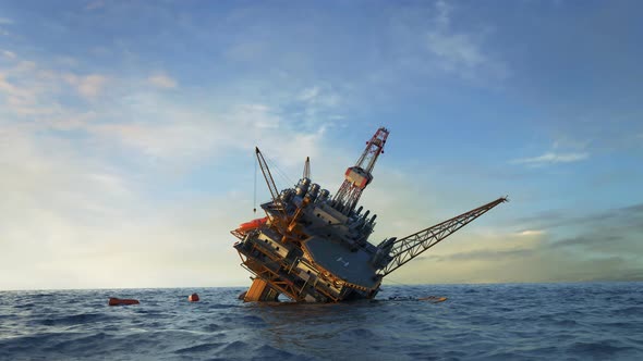 Sinking Oil Rig accident. Collapsed offshore oil platform. Lifeboats on ...