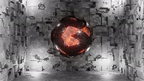 Animation 3D 4K. Objet de science-fiction avec une énergie lumineuse au centre. Sphère métallique de rotation