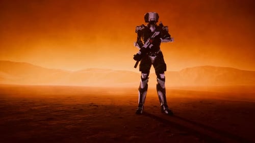 Futuristic Soldier in Desert at Sandstorm
