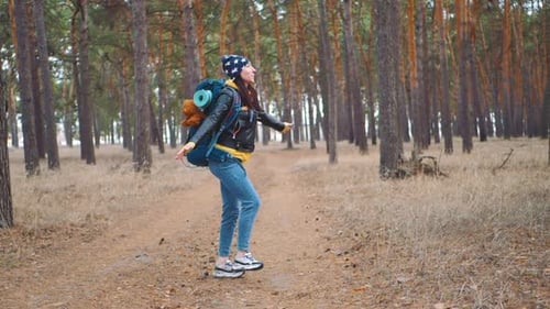 Happy Tourist with Backpack on Forest Pine Trees
