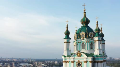 Aerial View Shot of St. Andrew's Church Kyiv, Ukraine.