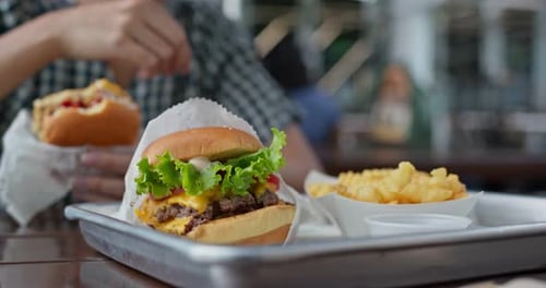 Close Up of Burger and Fries on Tray