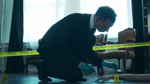 Detective Investigates Crime Scene with Magnifying Glass