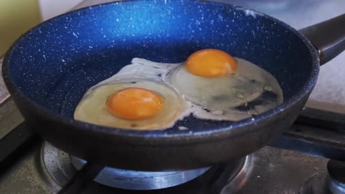 Eggs Being Cooked in Frying Pan