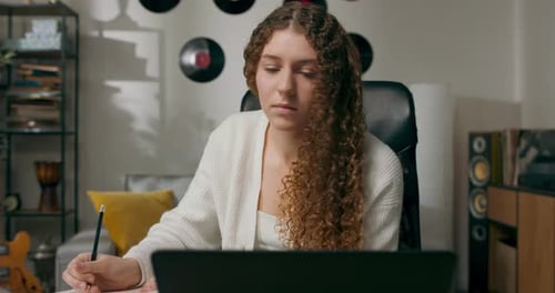 Ambitious Organized Girl Works Remotely From Home Fills Out Documents Puts Appointments Schedules in