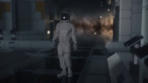 Futuristic Astronaut Walking Through Space Station to Distant Galaxy