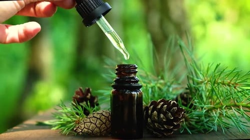 Óleo essencial de abeto em uma pequena garrafa