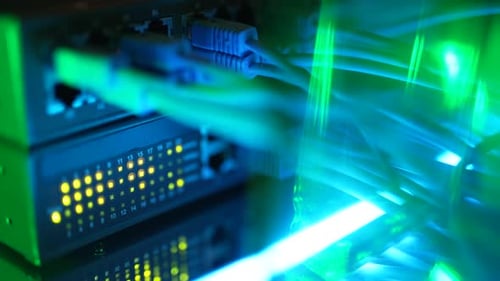 Closeup View of Modern Internet Network Switch with Plugged Ethernet Cables