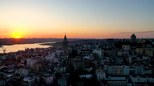 Aerial view of galata tower at sunset