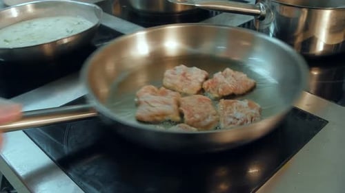 Meat Being Fried in a Frying Pan on the Stove