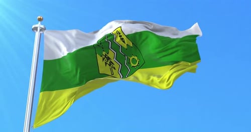 Waving Flag with Coat of Arms on Blue Sky