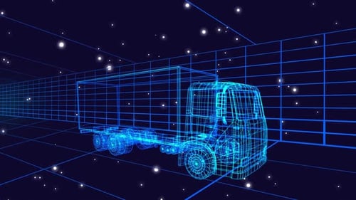 Futuristic Wireframe Truck Animation on a Digital Grid Background