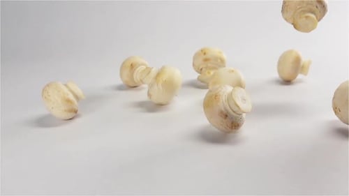 White Mushrooms Falling onto a White Surface