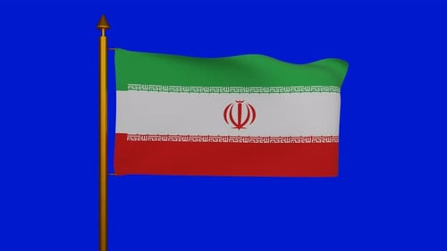 Realistic Waving Iran Flag on Pole with Blue Screen