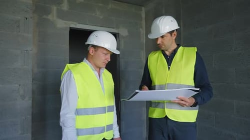 Construction Workers Reviewing Plans in Unfinished Building