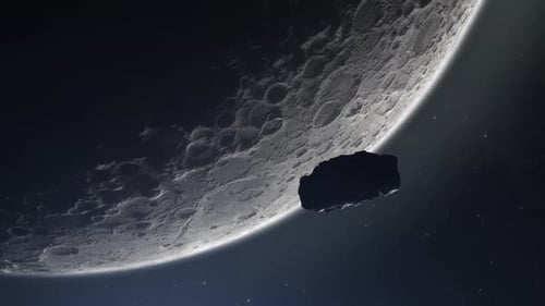 3D Rendered Asteroid Flying Past Moon