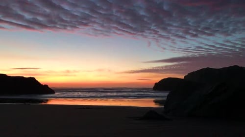 Person walking his dog at beach at sunset Oregon coast