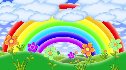 Cartoon Rainbow Landscape with Moving Clouds and Flowers Loop