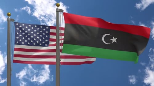United States of America and Libya National Flags Waving