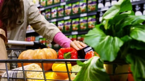 Woman putting grocery in shopping cart