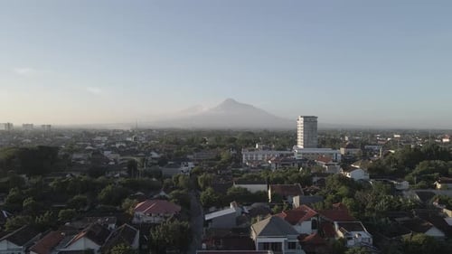 Aerial view of Mount Merapi Landscape with Yogyakarta view, Indonesia.