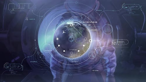 Fantastisches Video mit einem Mann in einem Raumanzug und Infografiken 4K