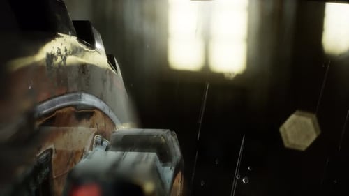 Heavy Rain on Rusted Industrial Machinery in Cinematic Style