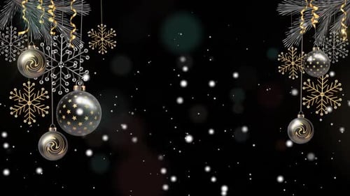 Festive Christmas Holiday Decorations with Snow and Golden Ornaments