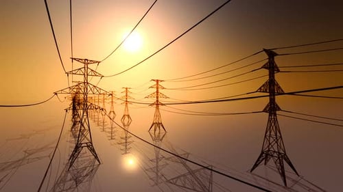 Industrial Power Grid Sunset Background with Transmission Towers