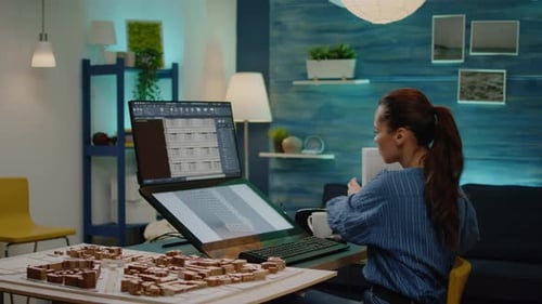 Architect Looking at Computer with Building Model