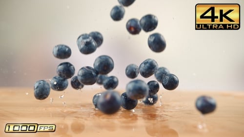 Fresh Blueberries Falling onto Wooden Table in Slow Motion
