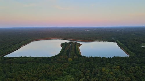 Landscape Panorama Blue Water in a Forest Lake with Trees Twilight Sunset Sky Panorama