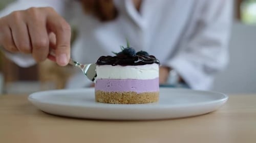 Elegant Dessert: Adult Eats Blueberry Cheesecake Slice