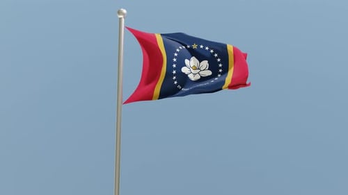Mississippi State Flag Waving with Magnolia on a Pole