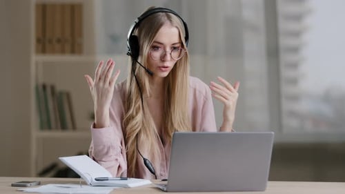 Caucasian Girl Business Woman Call Center Operator Online Support Line Remote Teacher Mentor