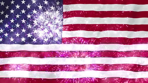 Waving American Flag with Sparkling Fireworks and Glitter