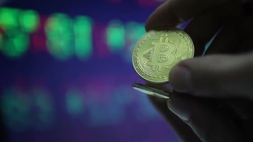 Hand Holding Bitcoin Cryptocurrency in Front of Computer