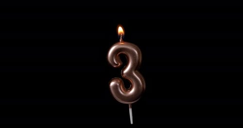 Realistic full-sized single birthday candlelight 3 three number isolated on black background.