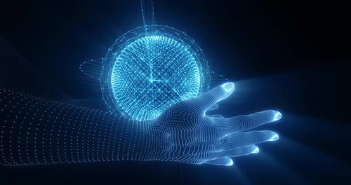 main sur Réseau mondial Carte du monde intelligence artificielle numérique Technologie AI Cloud de données 5G bleu