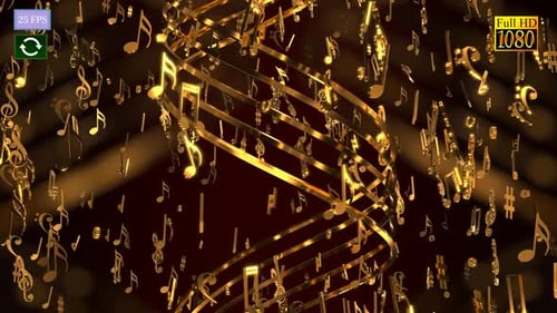 Golden Musical Notes Swirl Around Staff Animated Background