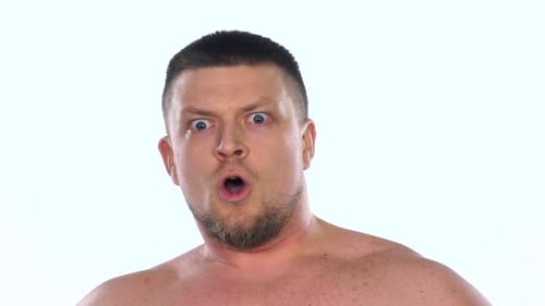 Man Reacts in Shock on White Background