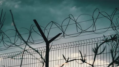 Barbed Wire on the Fence Against the Sunset Bottom View