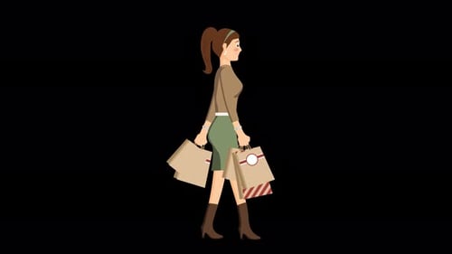 Flat Design Animated Woman Walking with Shopping Bags