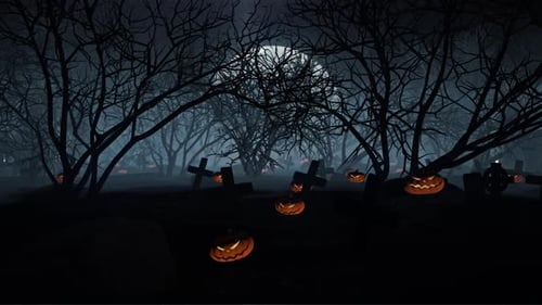 Halloween Night Graveyard with Spooky Pumpkins and Full Moon