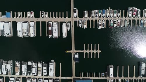 Aerial view of docks with boats