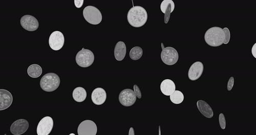 Silver Coins and Symbols of the Russian Rubl Currency Falling Rotate and Turn on Alfa Background