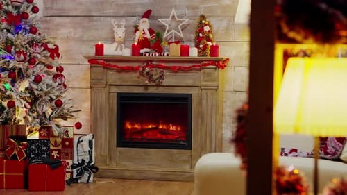 Christmas Tree and Fireplace Decorations in Home Setting