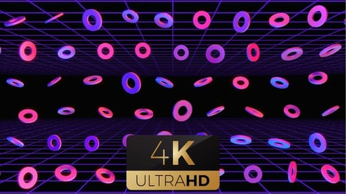 Glowing Neon Rings on Retro Style Cyber Grid Background