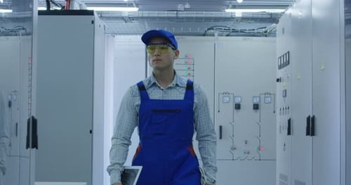 Asian Electrical Plant Worker Walking in Corridor