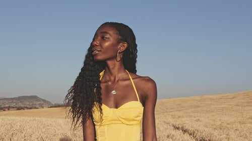 Gorgeous Model Walking in Wheat Field and Blue Sky in Background